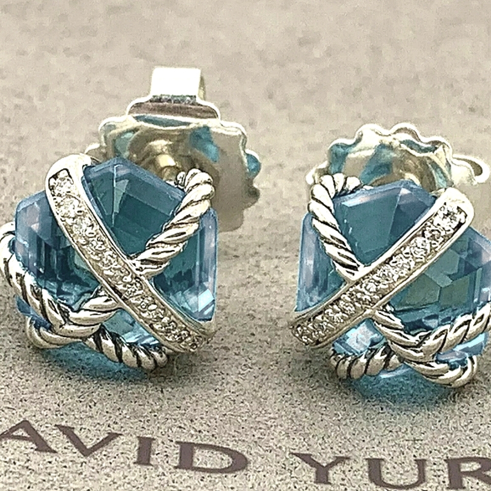 🌹David Yurman Sterling Silver Blue Topaz Diamond Cable Wrap Stud Earrings